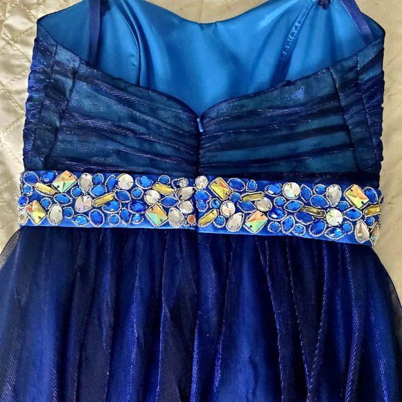 Designer Cobalt Blue Strapless Gown Dress Shimmer Sheer Overlay Faux Stones Cute - Picture 7 of 9